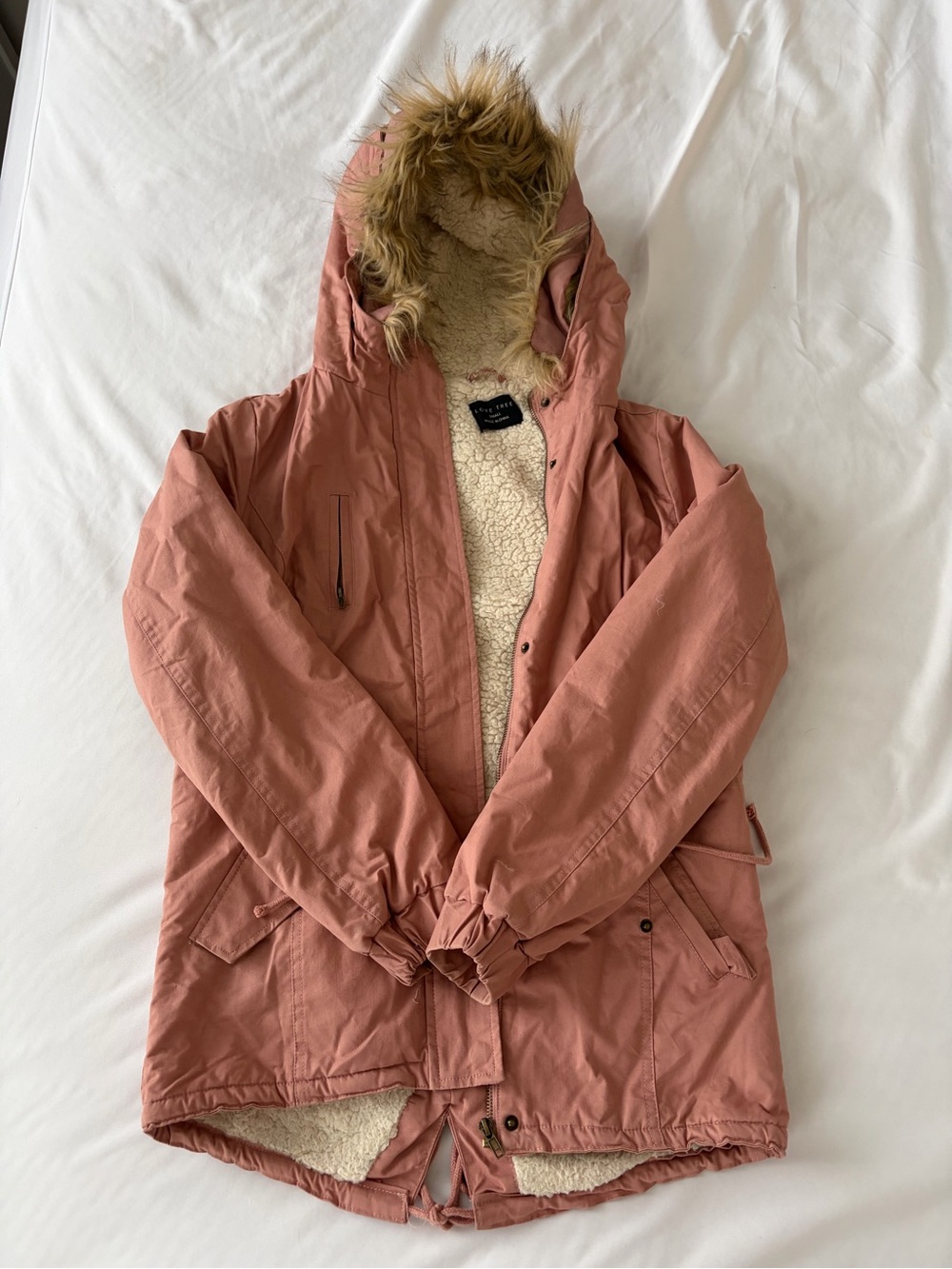 Dusty Rose Sherpa-Lined Parka Jacket with Faux Fur Hood